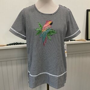 NWT Alfred Dunner Striped Top Small Embroidered Parrot Beaded Tropical Tee